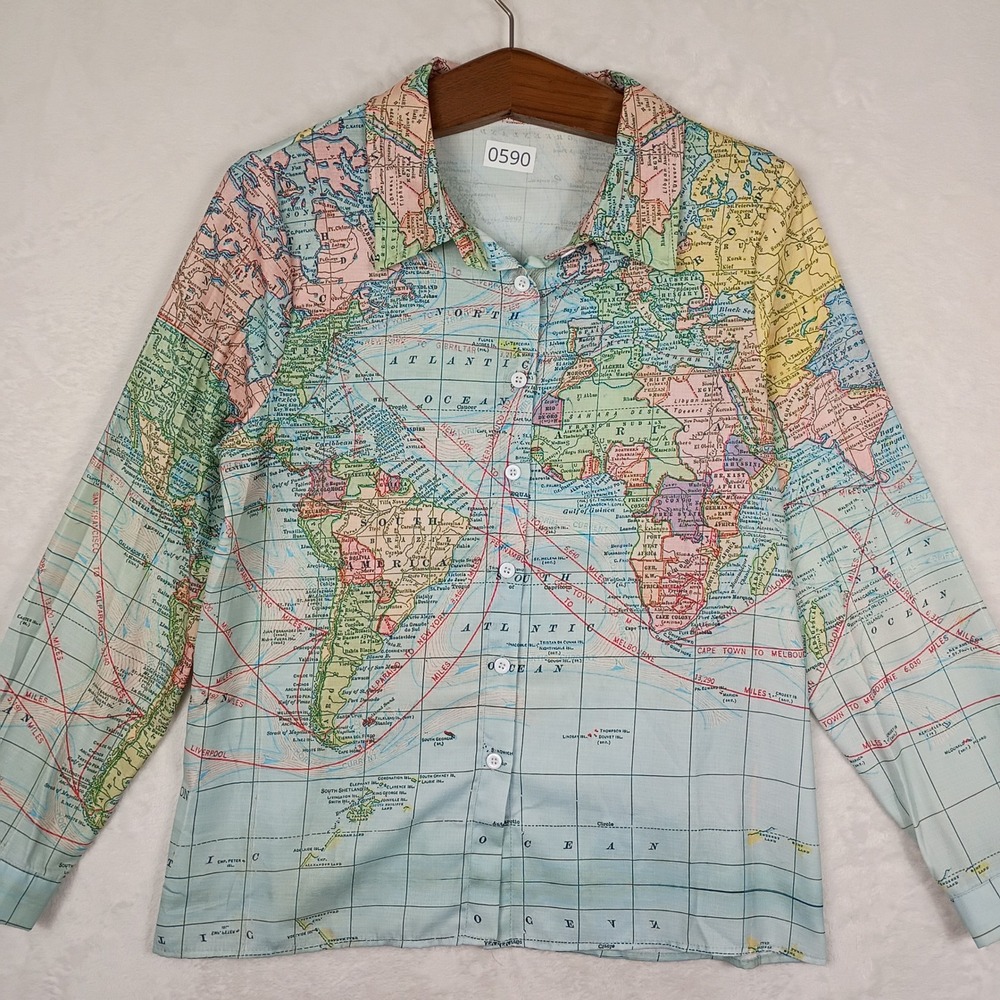 Misslook Map Print Button Down Shirt Womens Large Multi Color Vintage Style Gorp